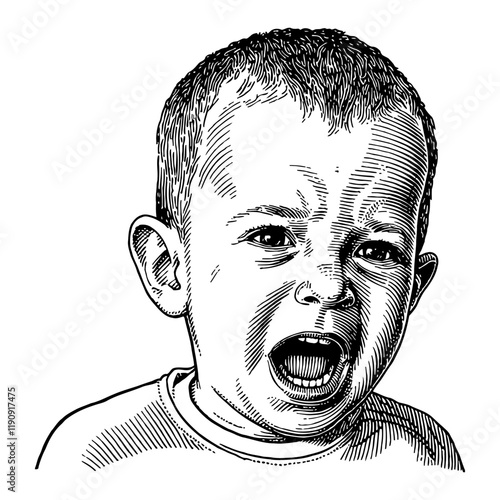 A Baby Boy Angry Face Expression with Open Mouth Black and White Outline Line Art Drawing