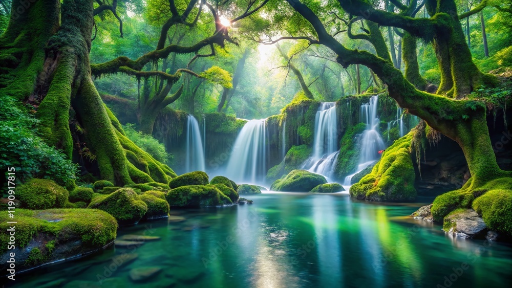 Fototapeta premium Mystical Forest Waterfall: Serene Mossy Trees & Tranquil Pool Stock Photo