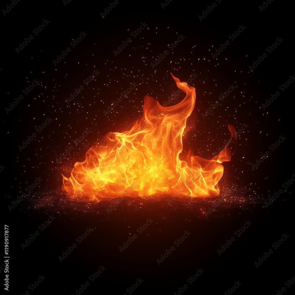 Fototapeta premium realistic flames with glowing embers, isolated on a black background.