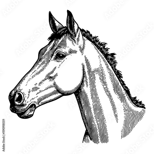 Foal Head Portrait Side View Detailed Black and White Outline Line Art Drawing