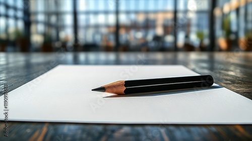 Close view of a sharpened orange pencil resting on blank white paper in a coz...
