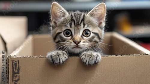 Curious kitten peeking through a cardboard box in a cozy indoor setting