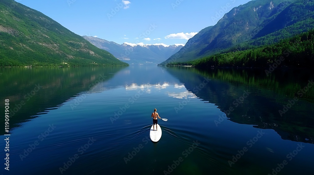 Serene paddleboarding on a tranquil lake surrounded by majestic mountains and clear skies Serene paddleboarding on a tranquil lake surrounded by majestic mountains and clear skies