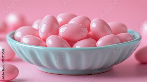 Pink candy eggs arranged neatly in a light blue bowl on a pastel pink backdrop