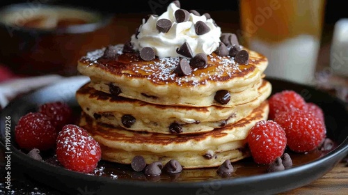 Delicious stack of chocolate chip pancakes topped with fresh raspberries and ...