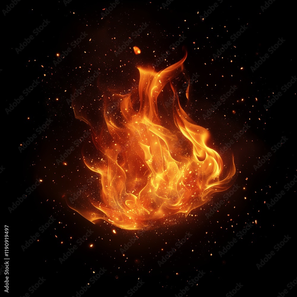 Fototapeta premium realistic flames with glowing embers, isolated on a black background.