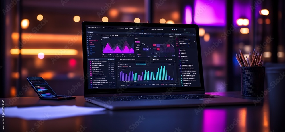 Nighttime laptop displaying data graphs, blurred city lights in background Nighttime laptop displaying data graphs, blurred city lights in background