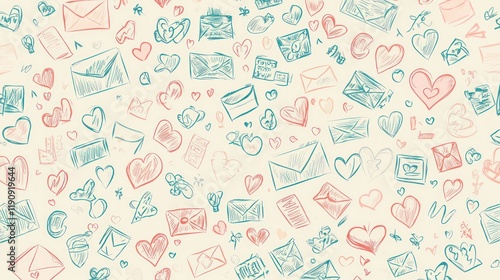 Colorful doodles of envelopes and hearts.