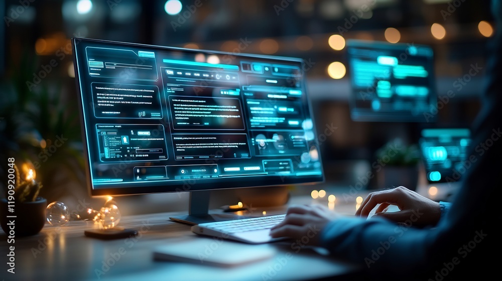 Programmer working at night, glowing screens, modern office background Programmer working at night, glowing screens, modern office background