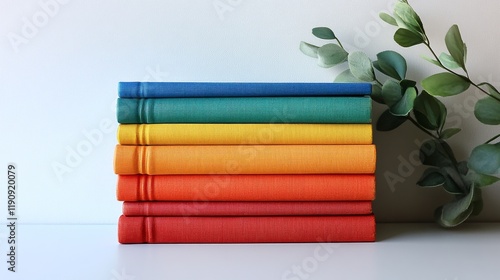 Colorful stacked books with greenery on a clean surface for a cozy study atmo...