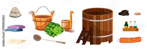 Bathhouse and sauna accessory set. Hat, pair of slippers, towel stack, wooden spoon, basket and ladle, oak birch broom with green leaf. Equipment and clothing for steam room.