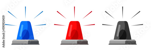 Alarm siren icons. Red, blue, black gray emergency flasher. Police or ambulance flashers isolated on transparent background. Flat vector illustration set.