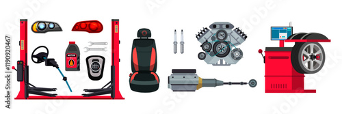 Car spare part, equipment for repair and diagnostic set. Computer, lift, tire, steering wheel, engine, plug, automotive body, wrench kit, auto oil flask, seat, lights, reduction axle.