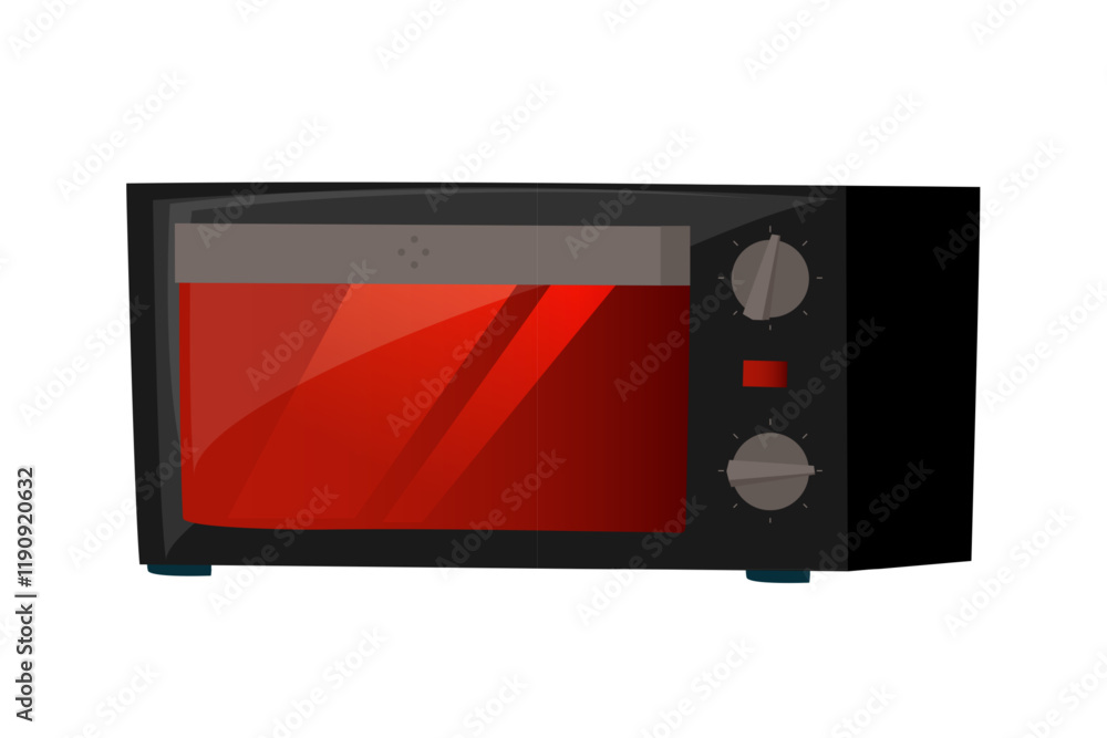 Obraz premium A microwave oven sits on a kitchen countertop, featuring a sleek black exterior and a bright red interior. The appliance's knobs and buttons indicate its user-friendly controls.