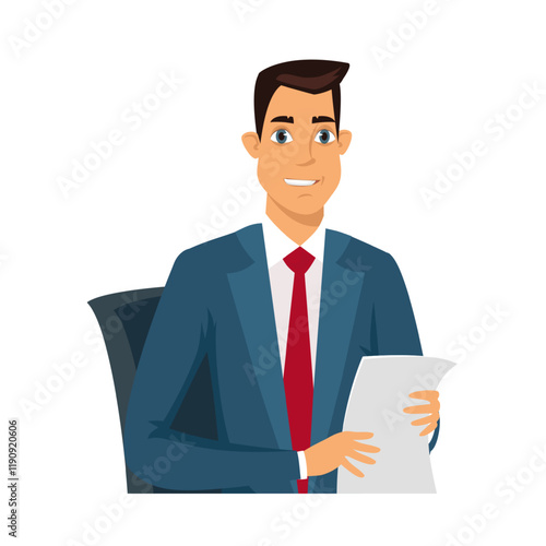 Man journalist in TV studio. Live breaking news flat vector illustration. Television news program presenter cartoon male character. Broadcast announcing.