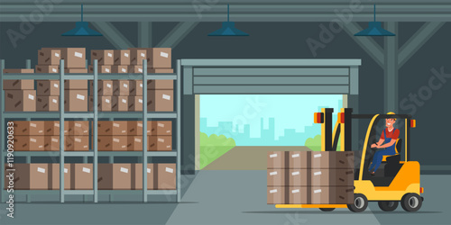 Warehouse indoor flat vector illustration. Factory storehouse worker character. Handyman loading cardboard boxes. Distribution, logistics, shipment.
