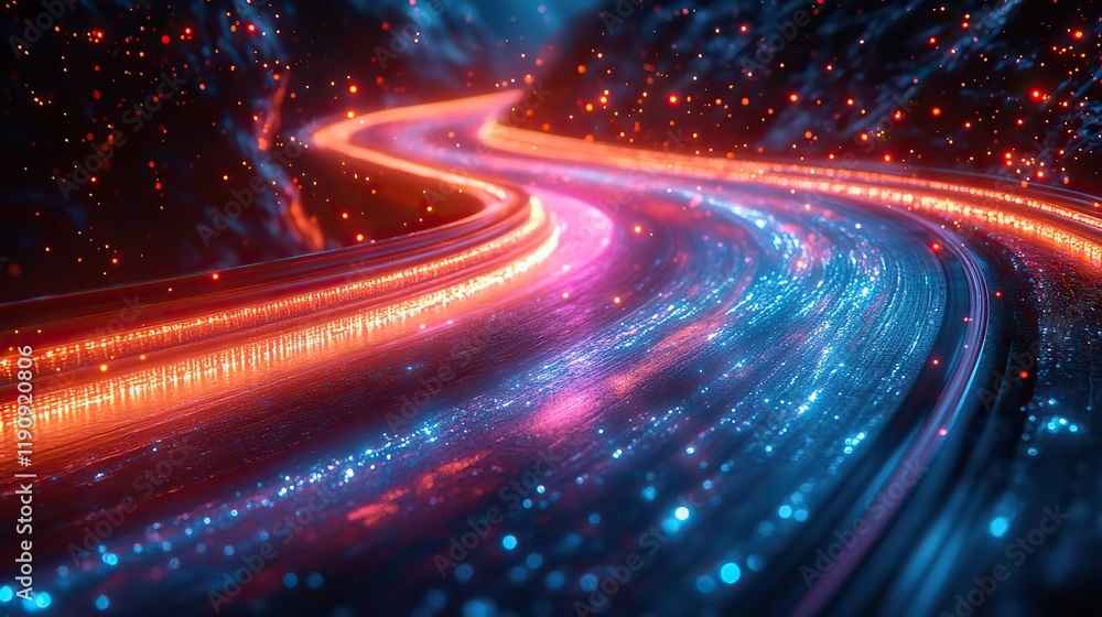 Retro 3D racing game illustration with a colorful digital landscape and neon lights Retro 3D racing game illustration with a colorful digital landscape and neon lights