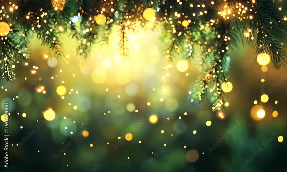 Festive Christmas background with glowing lights and pine branches. Festive Christmas background with glowing lights and pine branches.