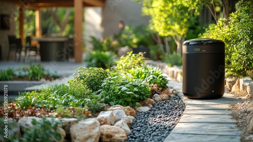 Modern garden featuring a stylish planter surrounded by lush greenery in a re...
