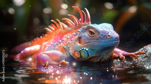 Vibrant lizard relaxing on a rock in a lush green environment