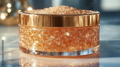 Sparkling golden glitter in a jar with shimmering background for arts and crafts