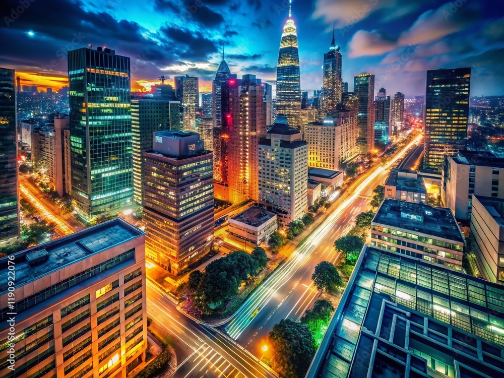Fototapeta premium Night City Lightscape: Vibrant Urban Scene at Dusk, Illuminated Buildings & Streets