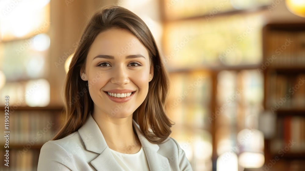A smiling woman in a professional outfit stands confidently in a library, surrounded by books and warm natural light. A smiling woman in a professional outfit stands confidently in a library, surrounded by books and warm natural light.
