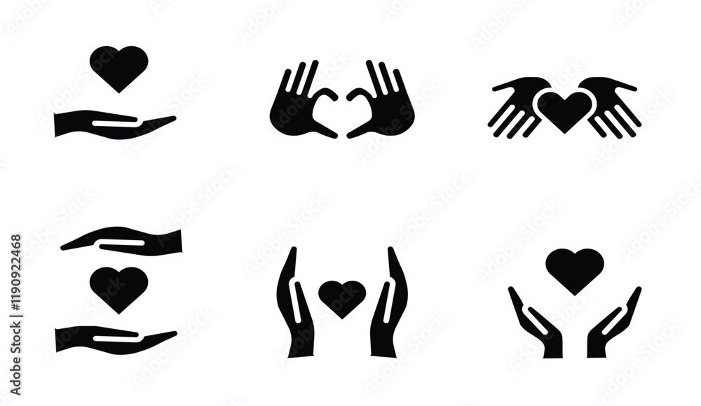 Hand and Heart Icon Set/Charity/Kindness/Love/Medical/Support/Help Hand and Heart Icon Set/Charity/Kindness/Love/Medical/Support/Help