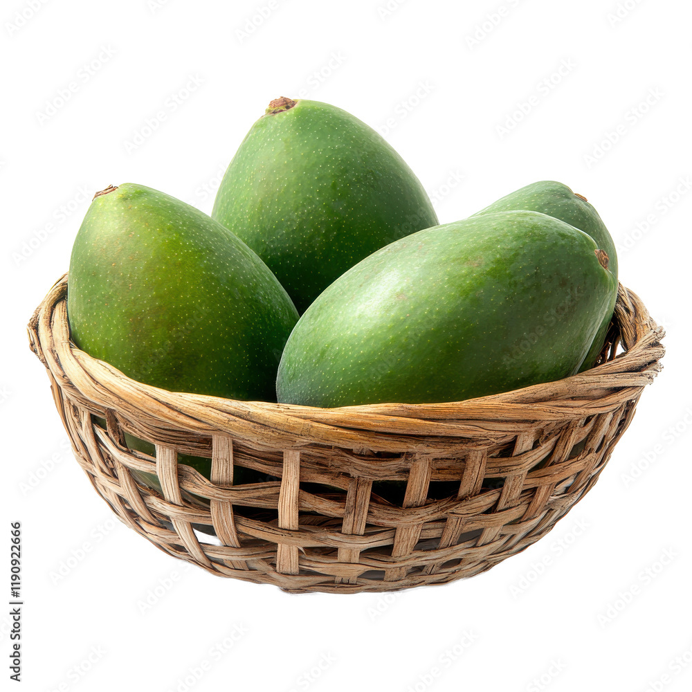 Fresh green mangos in woven basket fruit png transparent background nature scene Fresh green mangos in woven basket fruit png transparent background nature scene