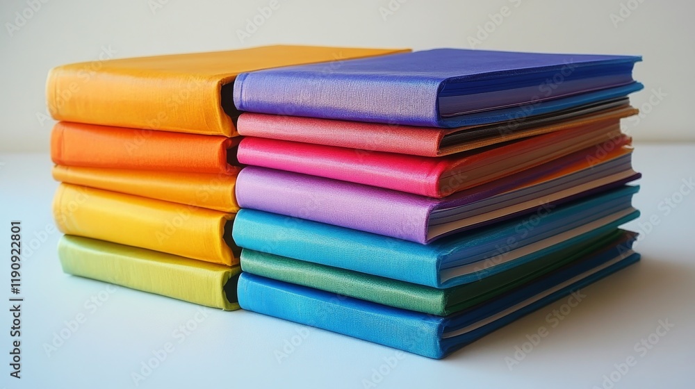 Brightly colored notebooks stacked in a balanced arrangement on a plain surface Brightly colored notebooks stacked in a balanced arrangement on a plain surface