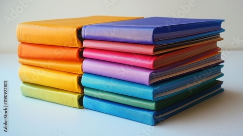 Wallpaper Mural Brightly colored notebooks stacked in a balanced arrangement on a plain surface Torontodigital.ca