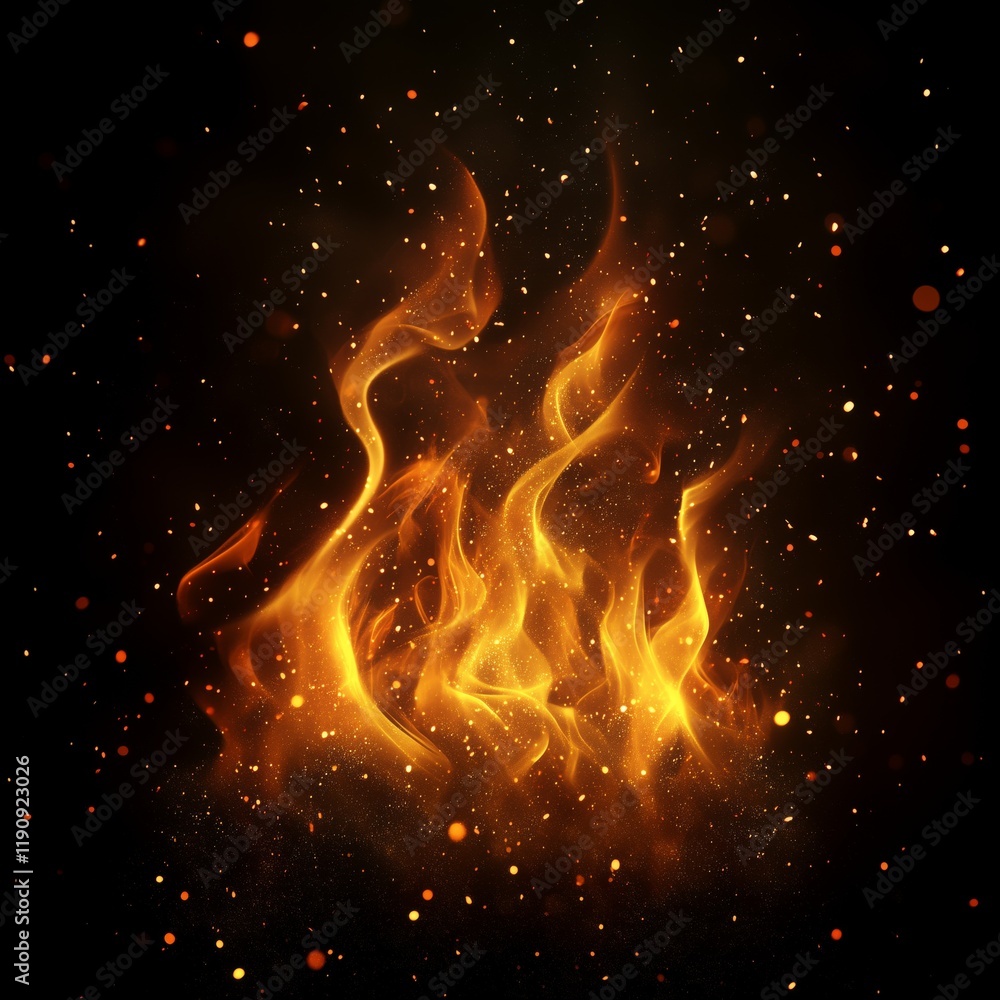 realistic flames with glowing embers, isolated on a black background. realistic flames with glowing embers, isolated on a black background.