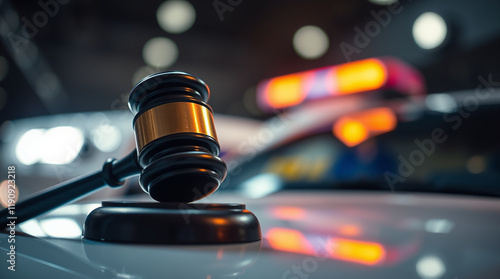 Gavel on car, blurred lights in background.  Suggests legal proceedings related to an automobile accident or insurance claim. photo