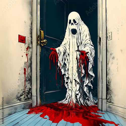 terrificante fantasma o spettro insanguinato esce da una porta, Terrifying ghost or bloody ghost comes out of a door photo