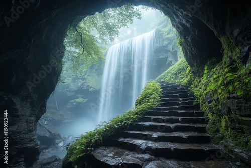 Waterfall cascading from cave into misty forest in tranquil natural setting