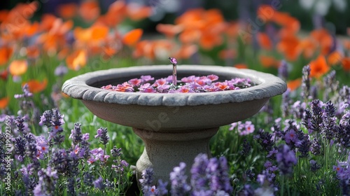 Serenity in the garden with a stone fountain surrounded by vibrant flowers an...