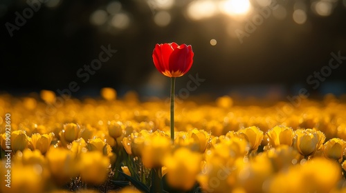 Vibrant red tulip stands tall in a field of yellow tulips under a clear blue sky