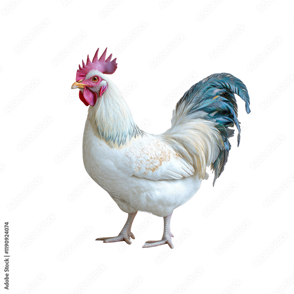 Majestic White Rooster with Teal Tail Feathers Isolated on Transparent background Majestic White Rooster with Teal Tail Feathers Isolated on Transparent background