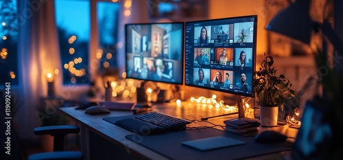 Wallpaper Mural Home office night video conference, cozy lights Torontodigital.ca