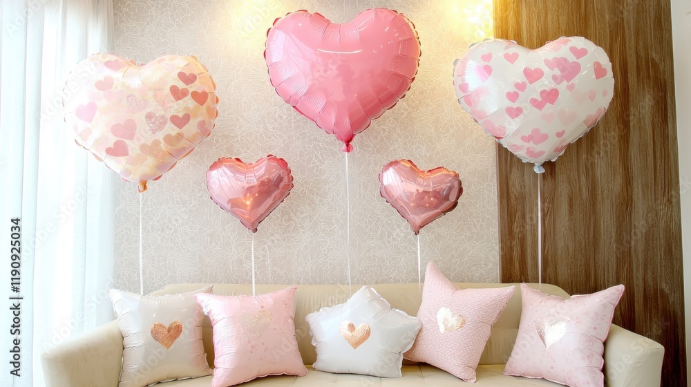 Romantic heart-shaped balloons display cozy living room decorative arrangements warm ambiance close-up view celebration concept Romantic heart-shaped balloons display cozy living room decorative arrangements warm ambiance close-up view celebration concept