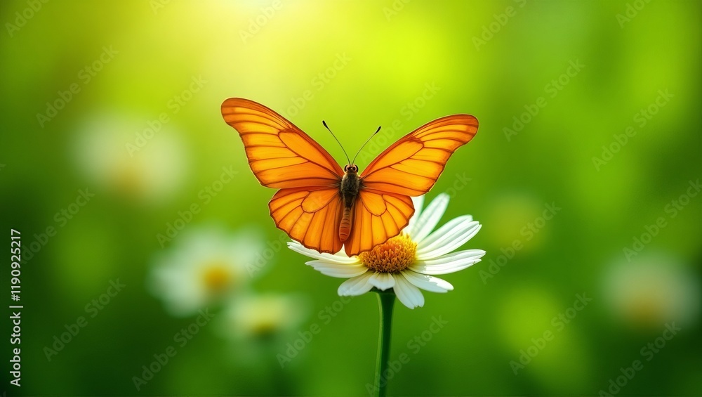 A vibrant orange butterfly perched on a white daisy, surrounded by a soft, green background. Perfect for nature, spring, and wildlife themes. A vibrant orange butterfly perched on a white daisy, surrounded by a soft, green background. Perfect for nature, spring, and wildlife themes.