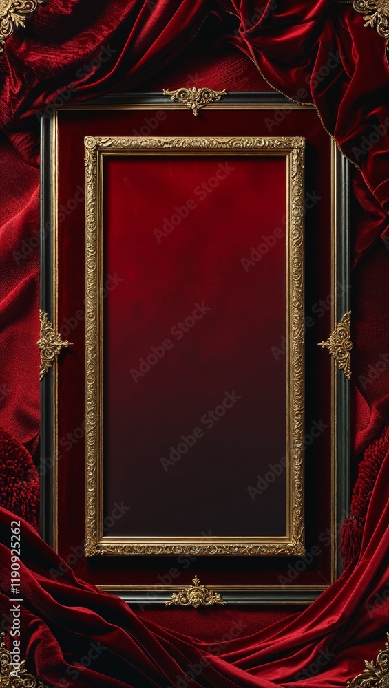 Dark red velvet textured borders with subtle gold accents for a dramatic frame design Dark red velvet textured borders with subtle gold accents for a dramatic frame design