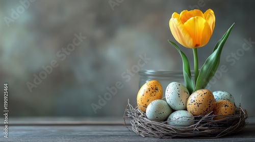 Spring decorations with a yellow tulip and decorative Easter eggs in a nest o...
