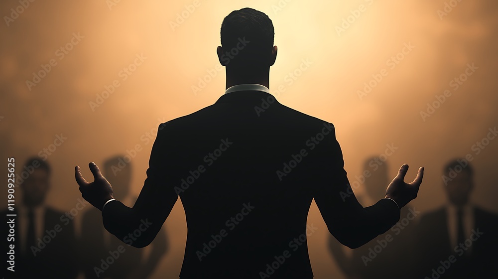 A silhouetted figure in a suit stands before an audience, illuminated by dramatic light, suggesting a powerful moment of leadership or inspiration. A silhouetted figure in a suit stands before an audience, illuminated by dramatic light, suggesting a powerful moment of leadership or inspiration.