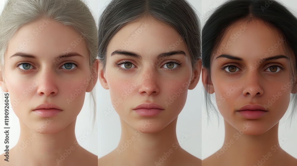 Portraits of young adult females with varied skin tones and hair colors