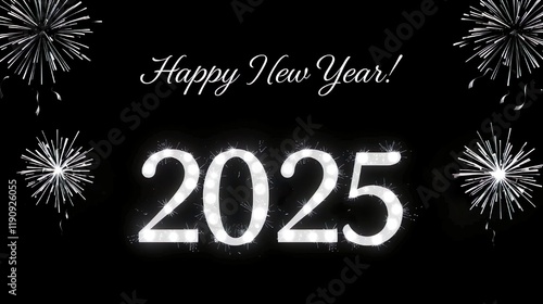 A vibrant and festive design celebrating "Happy New Year 2025".