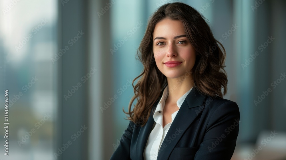 A confident professional woman poses in a modern office setting, showcasing a blend of elegance and determination.