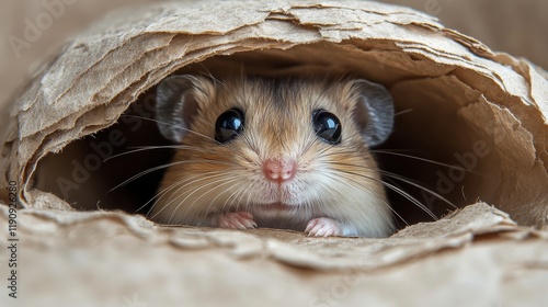 Cute small rodent peeking out from a crumpled paper tunnel in a cozy environment