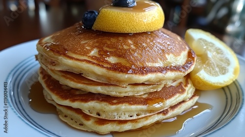 Fluffy pancakes served with lemon slices and blueberries on a white plate