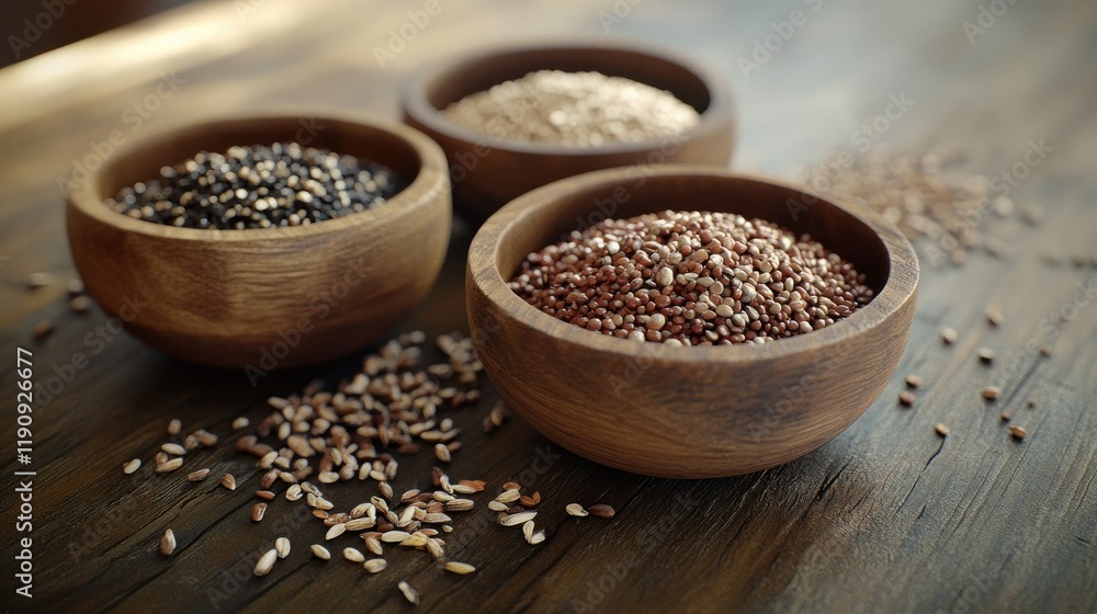 Various raw grains and seeds arranged in a rustic setting. Various raw grains and seeds arranged in a rustic setting.
